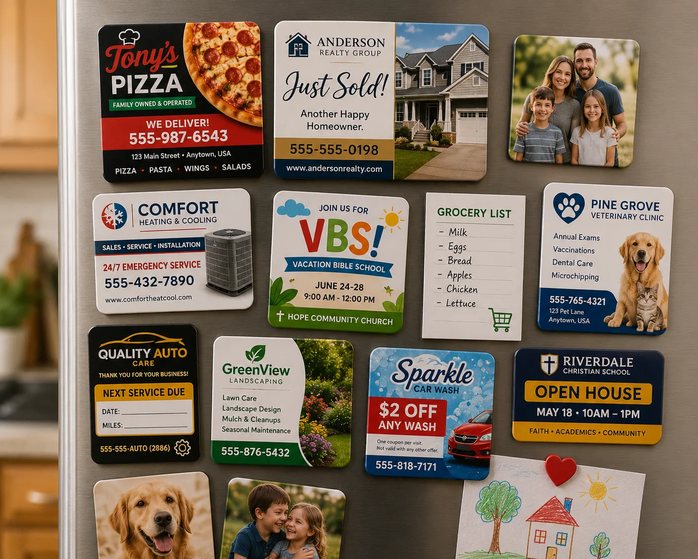 Fridge covered in branded business magnets