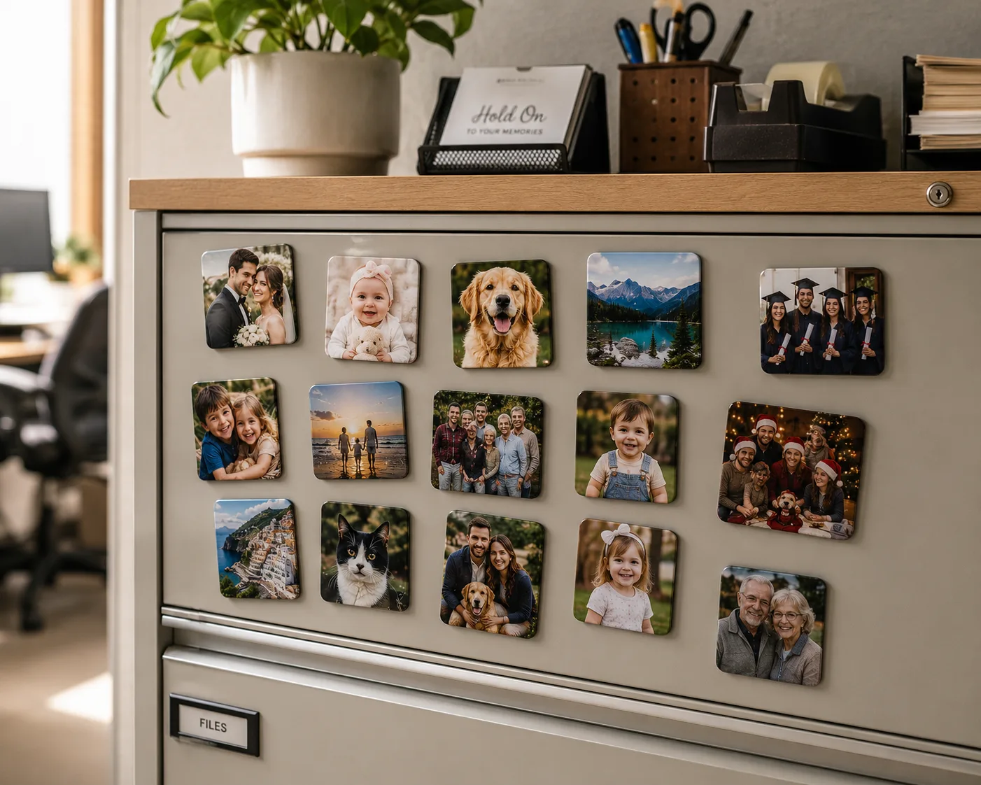 Photo magnets on an office filing cabinet